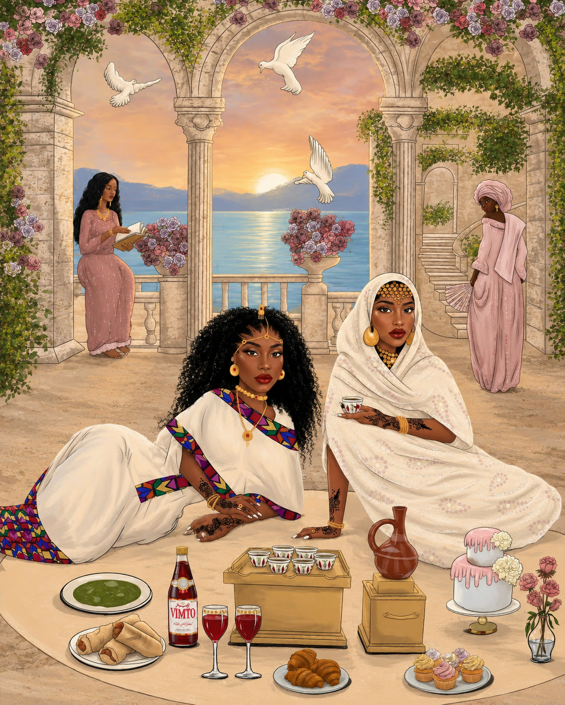 Illustration: two women in traditional dress at the coffee ceremony