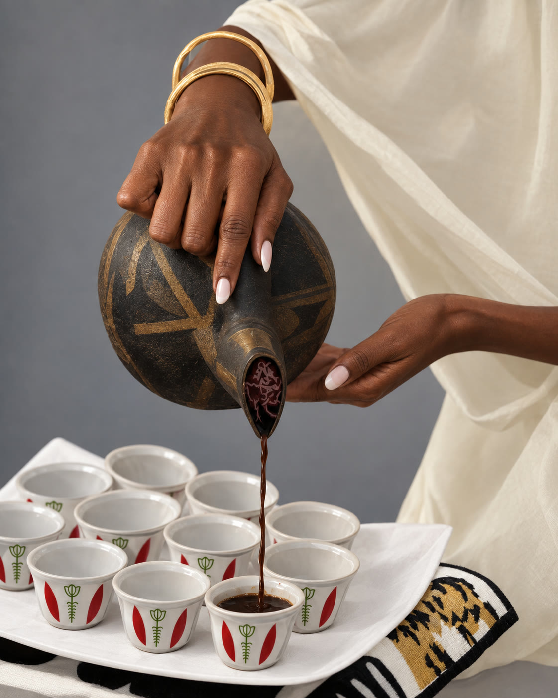 Coffee being poured from the jebena into small cups